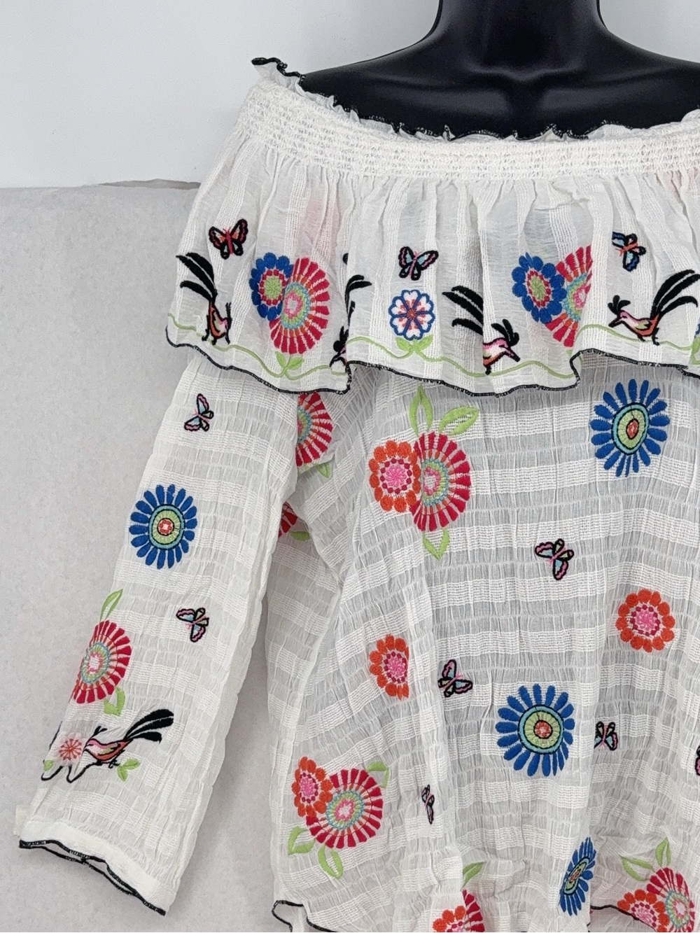 John Mark White Embroidered Blouse Bright Star Butterflies Birds size XL - Picture 3 of 6
